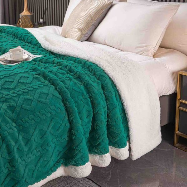 Patura cu blanita, model tricotat 200 x 230 cm, verde inchis