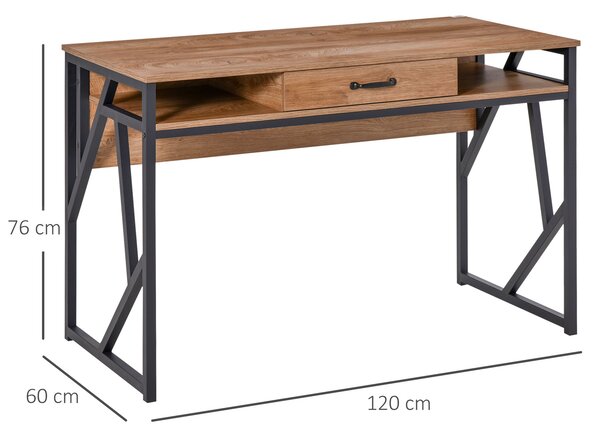 HOMCOM Birou pentru Computer, 2 Compartimente și Sertar, Metal și MDF Clasa E1, 120x60x76cm, Maro, Ideal pentru Studiu | Aosom Romania