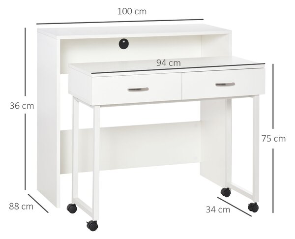HOMCOM Birou Dublu Ergonomic Separabil cu Role, Rafturi Interioare pentru Organizare Eficientă, Design Modern, Alb, 100x36x88 cm | Aosom Romania