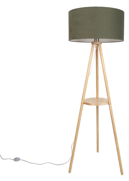 Lampă de podea cu trepied din lemn cu abajur verde 50cm - Lou