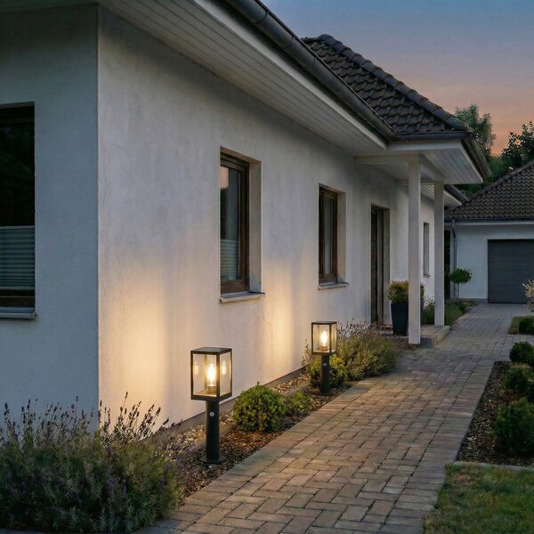 Lindby Relto, bornă luminoasă LED solară pentru alei, senzor, țăruș, 50 cm, Negru, Sticlă, Modern, Lumini solare