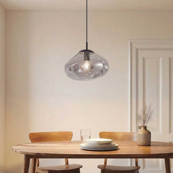 Lindby Lampă suspendată Lelia, gri fumuriu, sticlă, Ø 35 cm, reglabil, Gri, Camera de zi / sufragerie, Sticlă, Design
