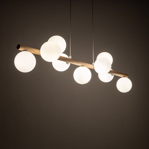 TK Lighting Lampă suspendată Estera, sticlă opală, lemn, nouă lumini, reglabil, Lemn, Camera de zi / sufragerie, Sticlă, glob