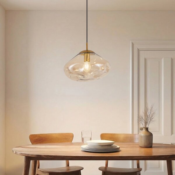 Lindby Lampă suspendată Lelia, chihlimbar, sticlă, Ø 35 cm, reglabil, Bej, Camera de zi / sufragerie, Sticlă, Design