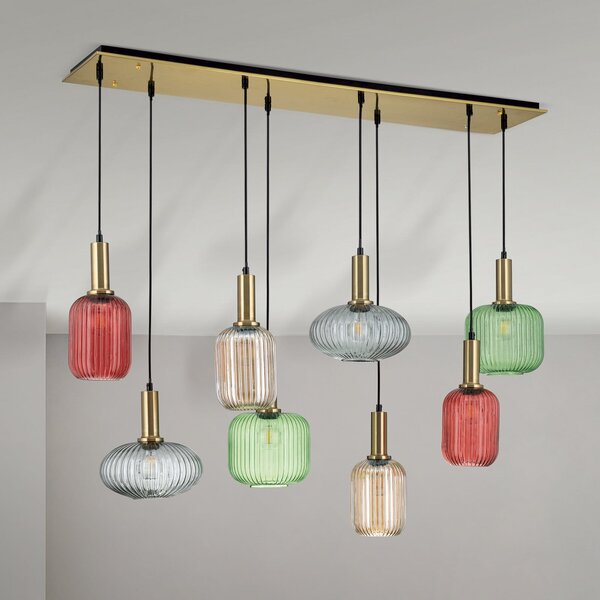 ORION Lampă suspendată Carneval, colorată, lungime 140 cm, sticlă, 8 becuri., reglabil, Multicolor, Camera de zi / sufragerie, Sticlă