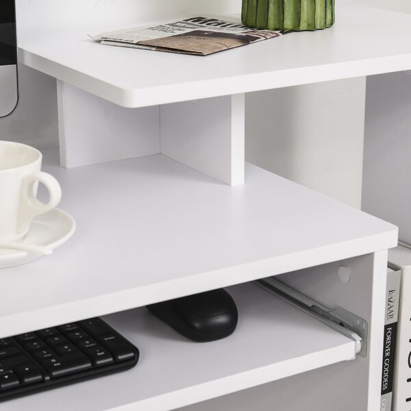 HOMCOM Birou Modern pentru PC cu Etajeră, Suport pentru Tastatură, Blat şi Sertar din Ţesătură, 100x40x86.6 cm, Alb | Aosom Romania