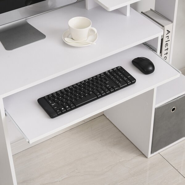 HOMCOM Birou Modern pentru PC cu Etajeră, Suport pentru Tastatură, Blat şi Sertar din Ţesătură, 100x40x86.6 cm, Alb | Aosom Romania