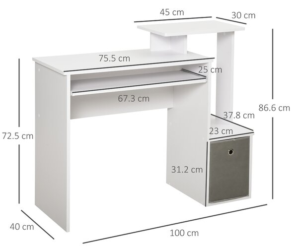 HOMCOM Birou Modern pentru PC cu Etajeră, Suport pentru Tastatură, Blat şi Sertar din Ţesătură, 100x40x86.6 cm, Alb | Aosom Romania