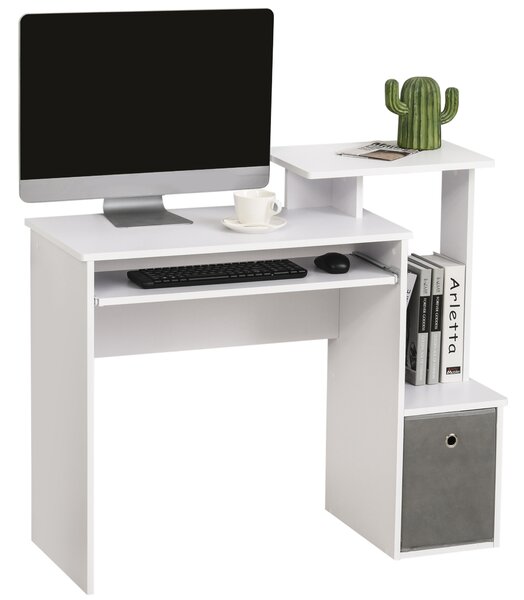 HOMCOM Birou Modern pentru PC cu Etajeră, Suport pentru Tastatură, Blat şi Sertar din Ţesătură, 100x40x86.6 cm, Alb | Aosom Romania