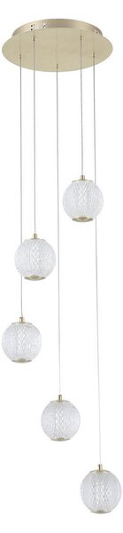 Searchlight Lampă suspendată LED Allure, 5 becuri, rotundă, culoare alamă, acrilic, reglabil, Auriu / Alamă, Camera de zi / sufragerie, Metal
