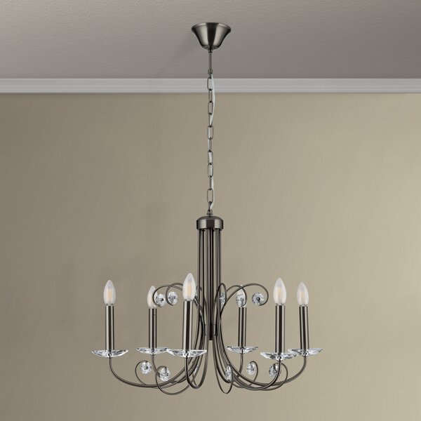 ORION Candelabru Ariane, nichel, Ø 67,5 cm, cristal, 6 becuri., reglabil, Metalic, Camera de zi / sufragerie, Metal