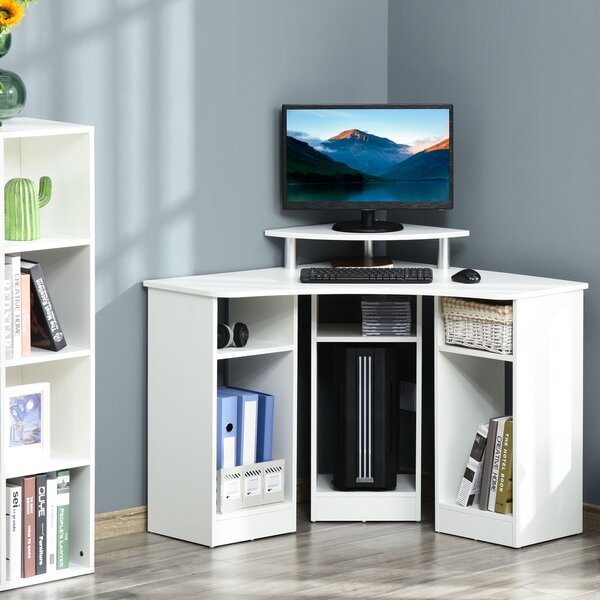 HOMCOM Birou Unghiular cu 3 Secțiuni, Spațiu de Lucru pentru Acasă sau Birou, Raft pentru Monitor, Lemn, Alb, Design Modern | Aosom Romania