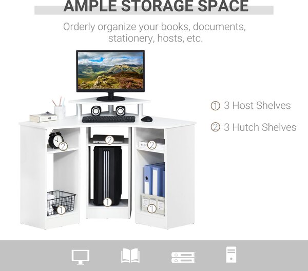 HOMCOM Birou Unghiular cu 3 Secțiuni, Spațiu de Lucru pentru Acasă sau Birou, Raft pentru Monitor, Lemn, Alb, Design Modern | Aosom Romania
