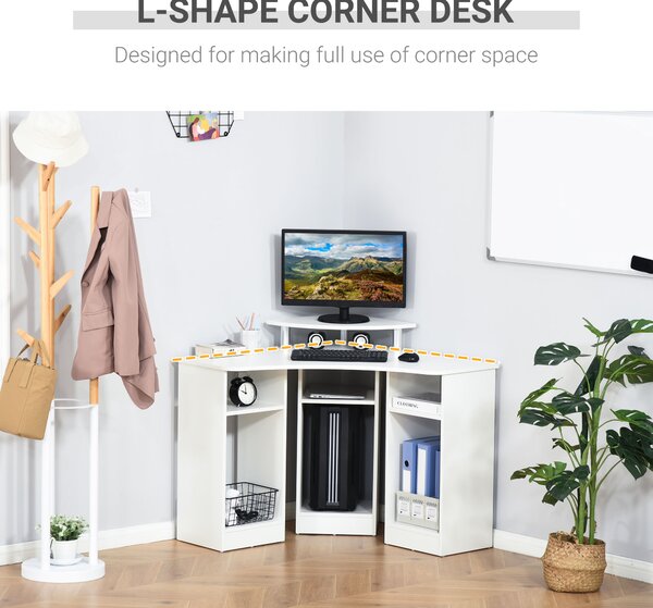 HOMCOM Birou Unghiular cu 3 Secțiuni, Spațiu de Lucru pentru Acasă sau Birou, Raft pentru Monitor, Lemn, Alb, Design Modern | Aosom Romania