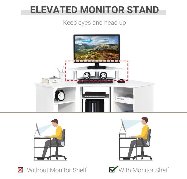 HOMCOM Birou Unghiular cu 3 Secțiuni, Spațiu de Lucru pentru Acasă sau Birou, Raft pentru Monitor, Lemn, Alb, Design Modern | Aosom Romania