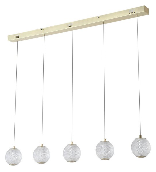 Searchlight Lampă suspendată LED Allure, 5 becuri, lungă, culoare alamă, acrilic, reglabil, Auriu / Alamă, Camera de zi / sufragerie, Metal