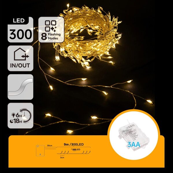 Aigostar - Ghirlandă luminoasă de exterior pentru Crăciun, 300 LED/8 funcții, 3x AA, 9,3 m, IP44, alb cald
