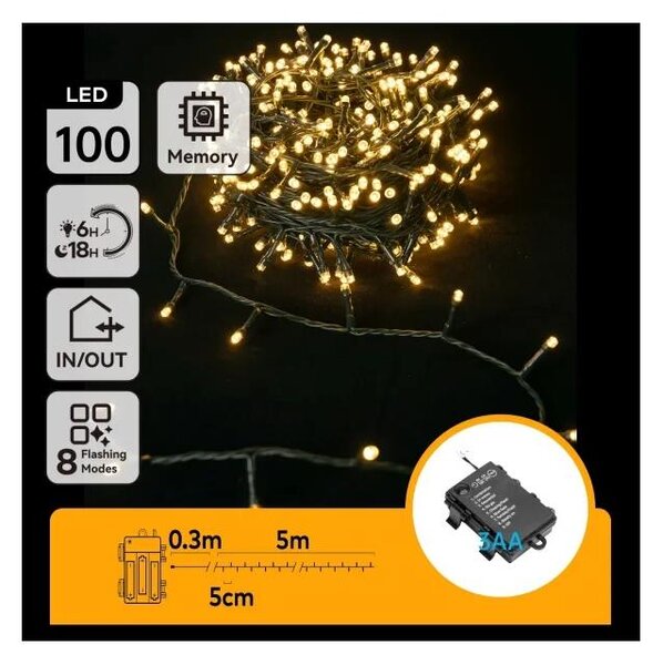 Aigostar - Ghirlandă LED pentru exterior, 100xLED/8 funcții, alimentare 3xAA, 5,3 m, IP44, alb cald