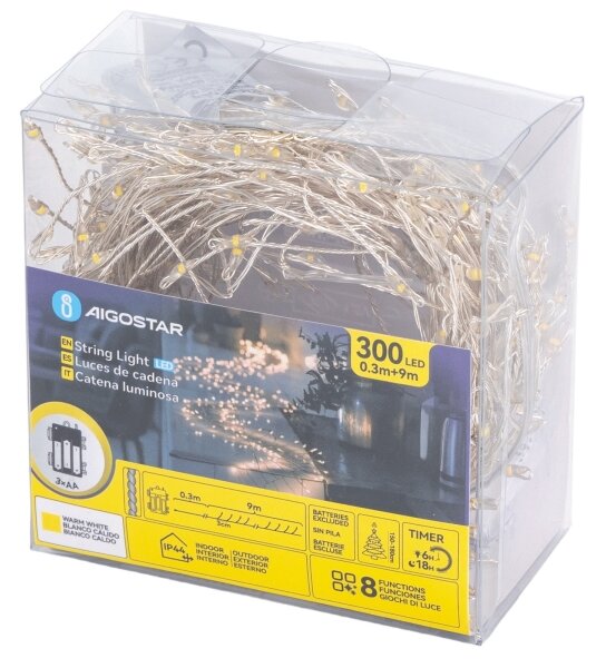 Aigostar - Ghirlandă luminoasă de exterior pentru Crăciun, 300 LED/8 funcții, 3x AA, 9,3 m, IP44, alb cald
