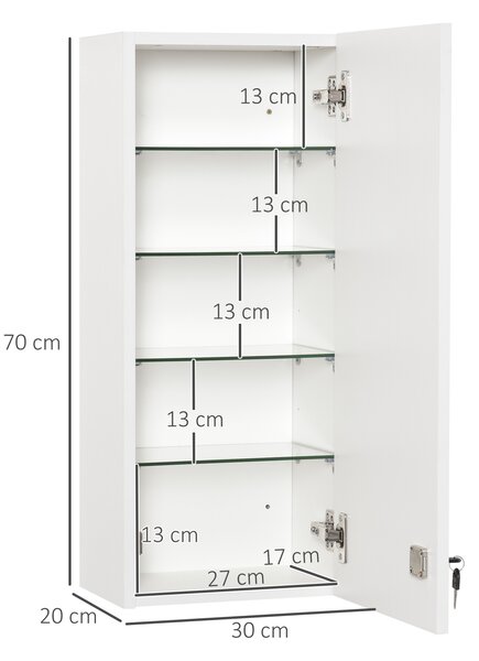 Dulapior de Perete pentru Medicamente cu Încuietoare, 5 Niveluri si Rafturi Reglabile, din Lemn si Sticla, Alb 30x20x70cm Kleankin | Aosom Romania