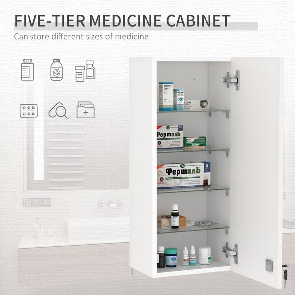 Dulapior de Perete pentru Medicamente cu Încuietoare, 5 Niveluri si Rafturi Reglabile, din Lemn si Sticla, Alb 30x20x70cm Kleankin | Aosom Romania