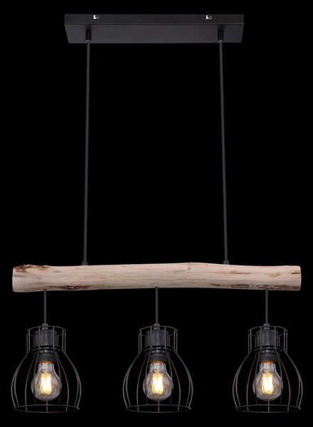 Globo Lampă suspendată Mina, lungime 60 cm, negru/maro, 3 becuri., reglabil, Lemn, Camera de zi / sufragerie, Lemn