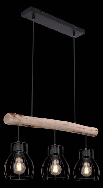Globo Lampă suspendată Mina, lungime 60 cm, negru/maro, 3 becuri., reglabil, Lemn, Camera de zi / sufragerie, Lemn