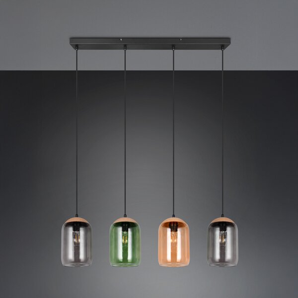 Trio Lighting Lampă suspendată din plută, multicoloră, lungime 90 cm, 4 becuri sticlă/plută, reglabil, Multicolor, Camera de zi / sufragerie, Sticlă, Modern