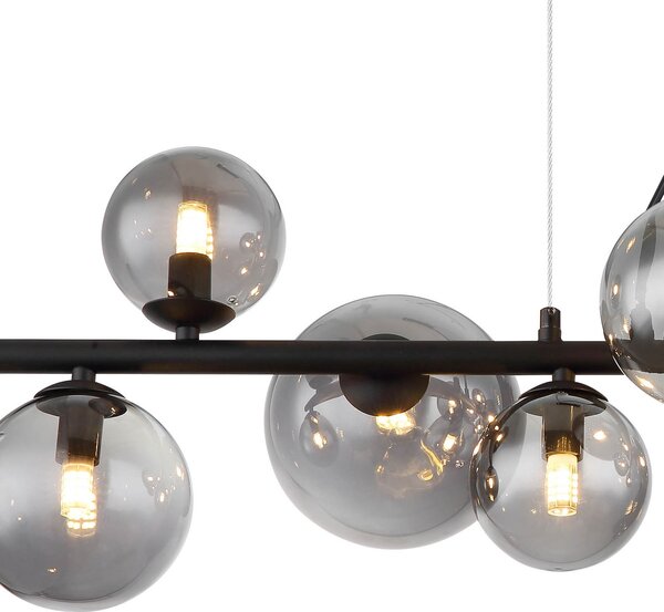 Globo Lampă suspendată Riha, lungime 87 cm, negru/color fumuriu, 9 becuri., Negru, Camera de zi / sufragerie, Metal