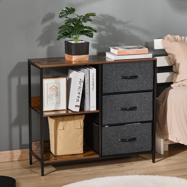 HOMCOM Comodă Mobilă Multifuncțională cu 2 Rafturi Deschise și 3 Sertare Pliabile, 80x29x71 cm, Maro Rustic, Gri Închis, Negru | Aosom Romania
