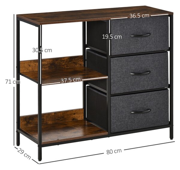 HOMCOM Comodă Mobilă Multifuncțională cu 2 Rafturi Deschise și 3 Sertare Pliabile, 80x29x71 cm, Maro Rustic, Gri Închis, Negru | Aosom Romania