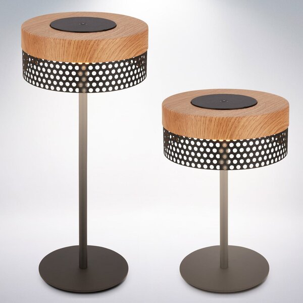 Briloner Lampa de masă cu baterie Booha, maro, metal, IP44, dimabilă, reglabil, Lemn, Metal, Modern