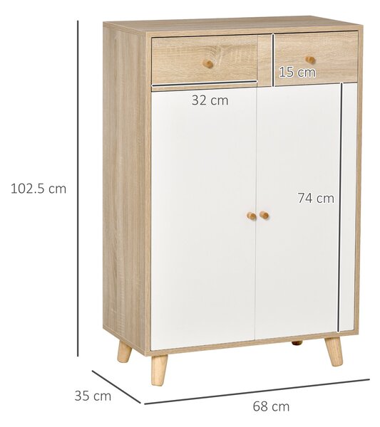 Dulap Pantofi HOMCOM cu 4 Rafturi și 2 Sertare, Capacitate 12 Perechi, 68x35x102.5 cm, Design Modern, Lemn Alb | Aosom Romania