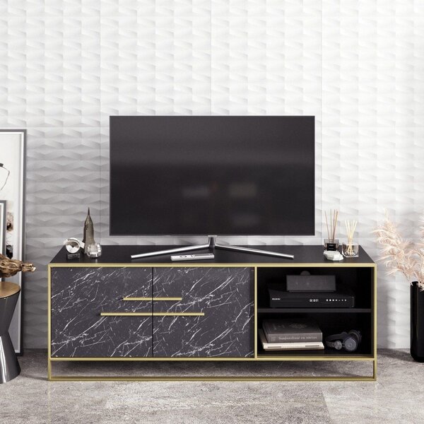 Comoda TV POLKA, negru cu efect de marmura/auriu, PAL melaminat, 160x3