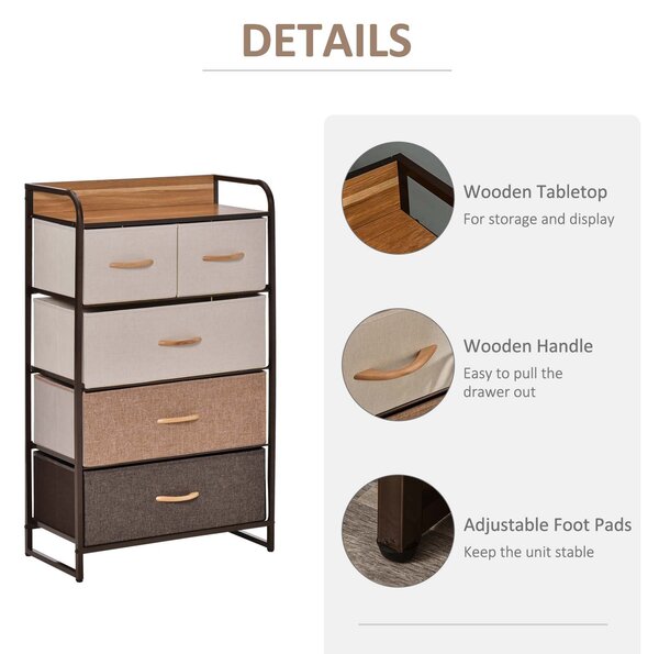 Comoda cu 5 sertare pliante din material textil si raft din MDF, mobilier pentru camera de zi si dormitor, 58x29x99cm, multicolor | Aosom Romania
