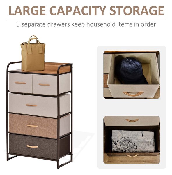 Comoda cu 5 sertare pliante din material textil si raft din MDF, mobilier pentru camera de zi si dormitor, 58x29x99cm, multicolor | Aosom Romania