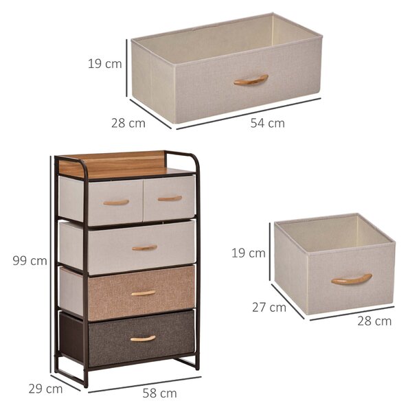 Comoda cu 5 sertare pliante din material textil si raft din MDF, mobilier pentru camera de zi si dormitor, 58x29x99cm, multicolor | Aosom Romania