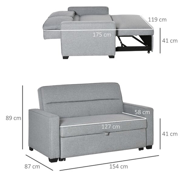 Canapea pat HOMCOM cu tapițerie din material textil, 2 locuri cu spatar reglabil pe 3 niveluri, gri | Aosom Romania