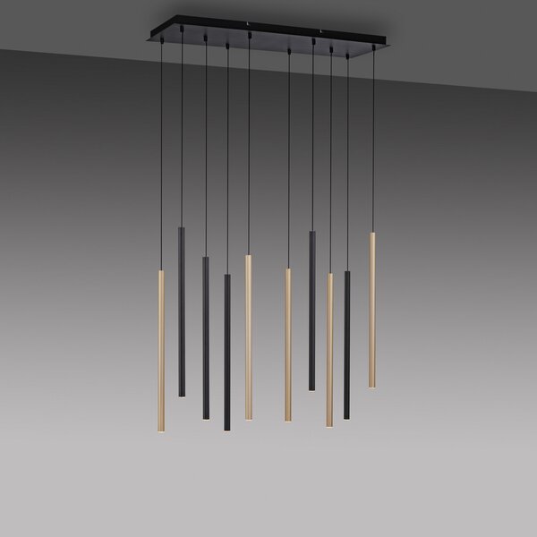 Paul Neuhaus Flute lampă suspendată LED dimabilă, 10 becuri, reglabil, Negru, Camera de zi / sufragerie, Metal, Modern