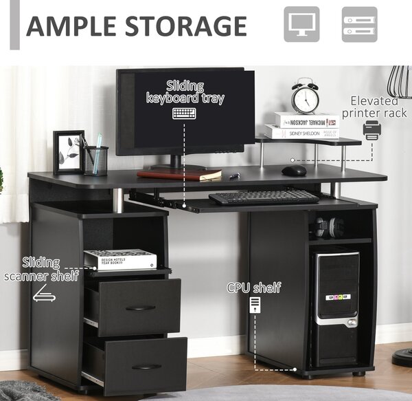 HOMCOM Masă de Birou Modernă cu Suport pentru Computer cu Sertare, Poliță Extensibilă și Suport pentru Tastatură, 120x55x85cm, Negru | Aosom Romania
