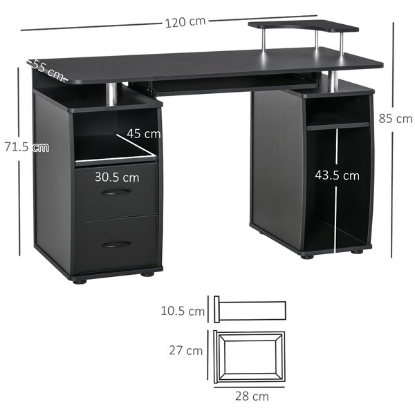 HOMCOM Masă de Birou Modernă cu Suport pentru Computer cu Sertare, Poliță Extensibilă și Suport pentru Tastatură, 120x55x85cm, Negru | Aosom Romania