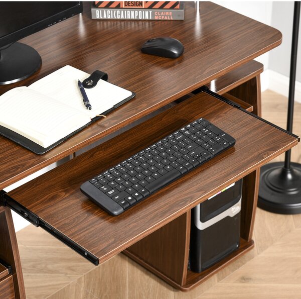 HOMCOM Masă de Birou Modernă cu Suport pentru Computer, Sertare, Poliță Extensibilă și Suport pentru Tastatură, 120x55x85 cm, Maro | Aosom Romania