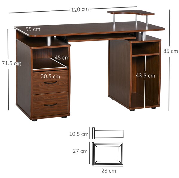HOMCOM Masă de Birou Modernă cu Suport pentru Computer, Sertare, Poliță Extensibilă și Suport pentru Tastatură, 120x55x85 cm, Maro | Aosom Romania