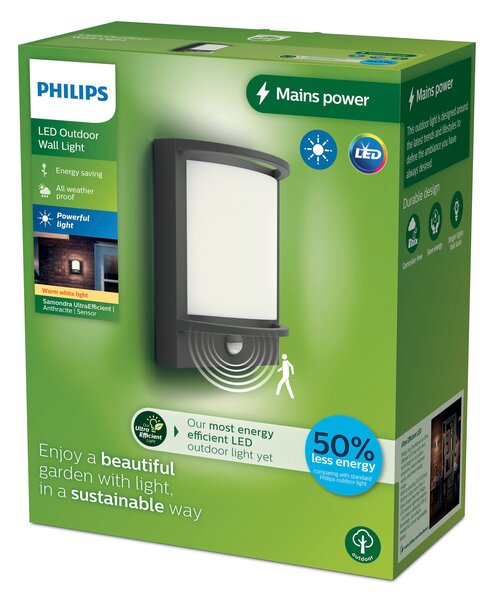 Philips Lampă de perete cu LED pentru exterior Samondra UE, senzor, Negru, Aluminiu, Modern