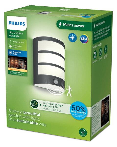 Philips LED pentru exterior Python UE, antracit, senzor, Negru, Oțel inoxidabil, Modern