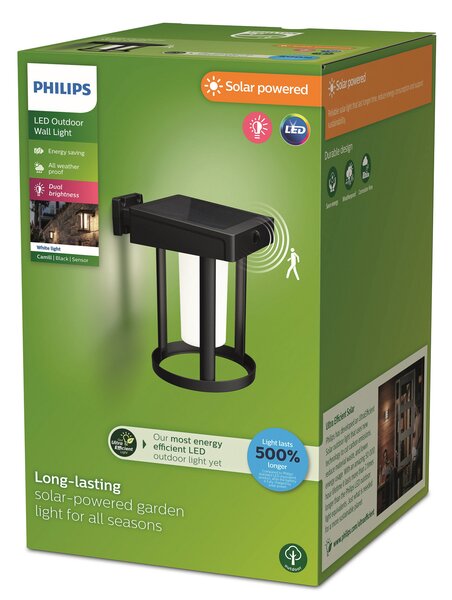 Philips Lampă solară cu senzor Camill, negru/alb, Ø 14 cm, Negru, Plastic, Modern, Soclu de perete jos