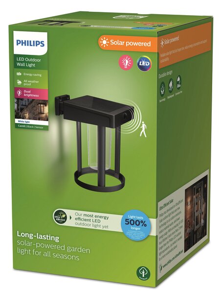 Philips Lampă solară cu senzor Camill, negru/transparent, Ø 14 cm, Negru, Plastic, Modern, Soclu de perete jos