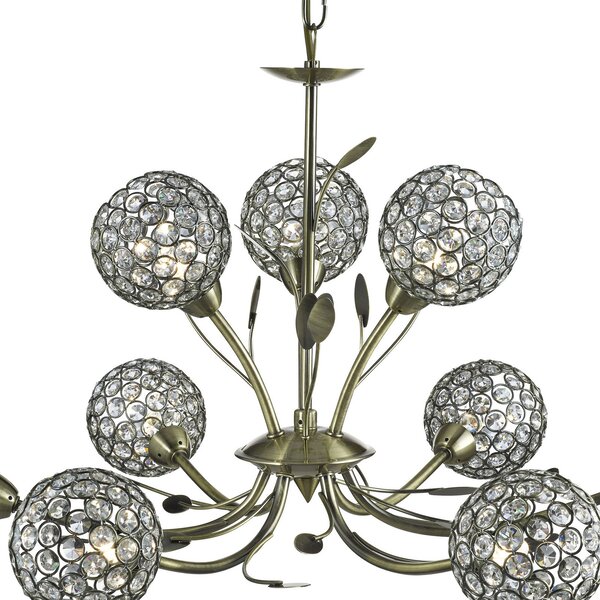 Searchlight Candelabru Bellis II, culoarea alamei antice, sticlă, 9 becuri, G9, reglabil, Auriu / Alamă, Camera de zi / sufragerie, Sticlă, Antichitate, Candelabru