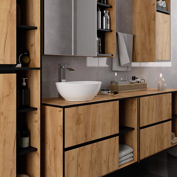 Dulap de baie Vambos W90 2D 3P LO (stejar artizanal + negru) (cu oglindă). Promo -16%. 1152107