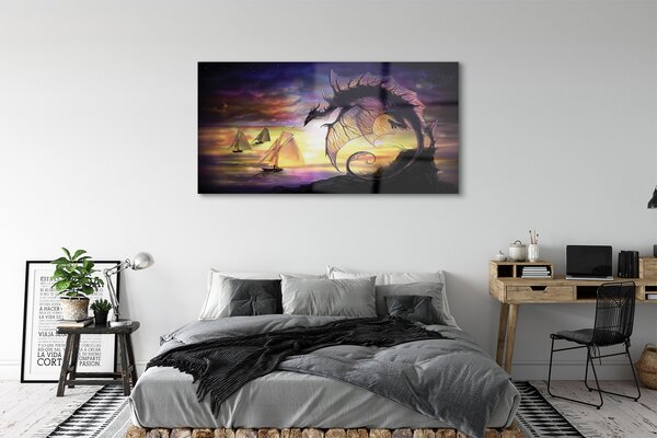Tablouri pe sticlă Dragon ambarcațiuni de mare nori